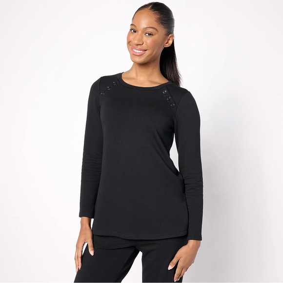 Susan Graver Tops - Susan Graver Weekend Regular Brushed Back Knit Tunic with Button Detail-Black-XS